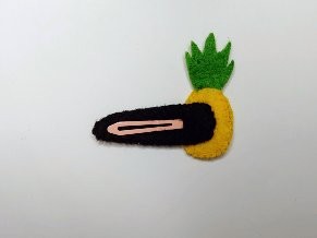 Handmade felt Pineapple Hair Clip with bright yellow and green felt, brown stitched details, and a secure snap clip - reverse side. A playful, tropical accessory.