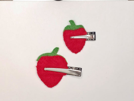 Handmade Mommy & Me Strawberry Hair Clip Set featuring vibrant felt strawberries on alligator clips, back side shown. A charming, matching accessory for moms and daughters.