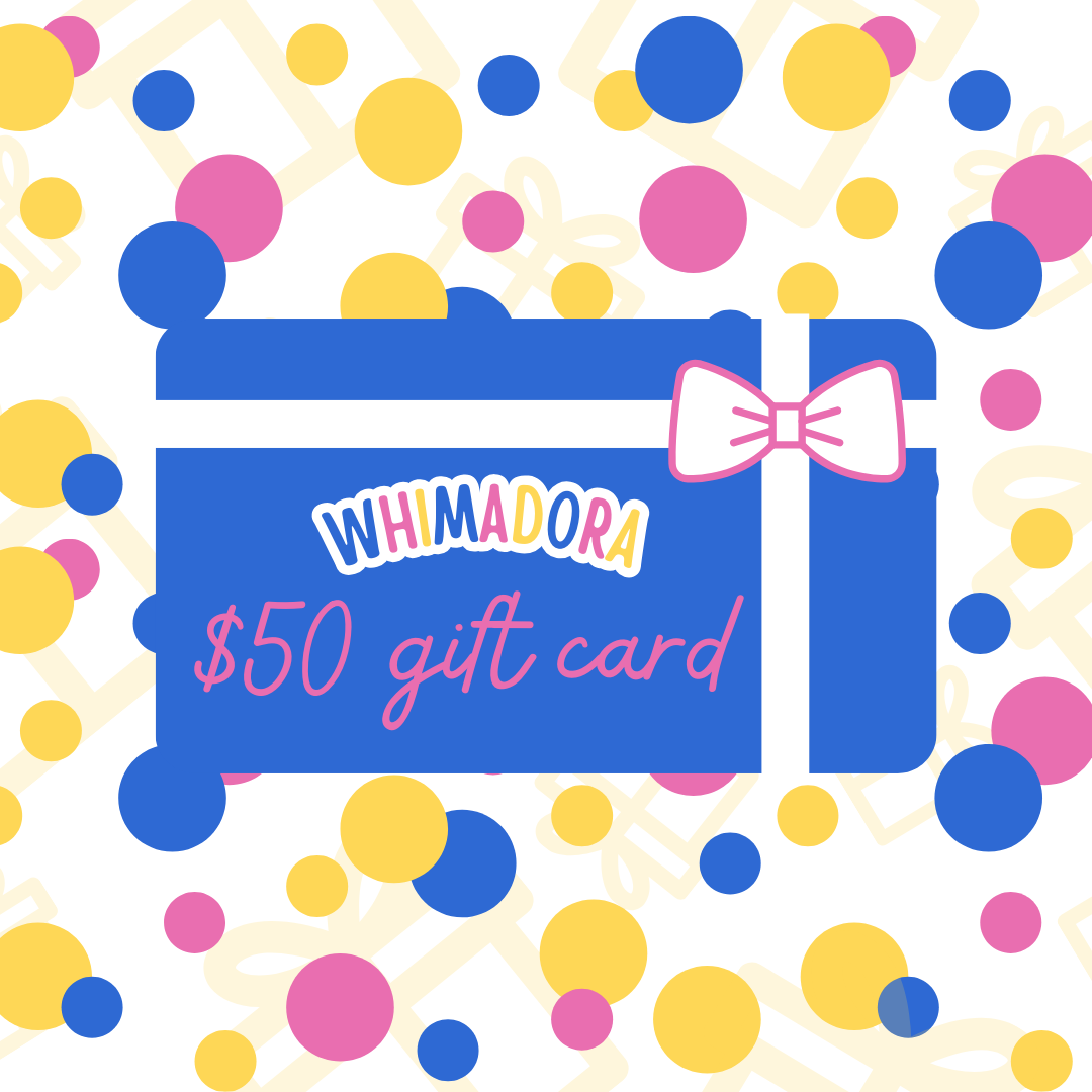 Whimadora $50 Gift Card featuring a blue gift box with a pink bow and colorful polka dot background.