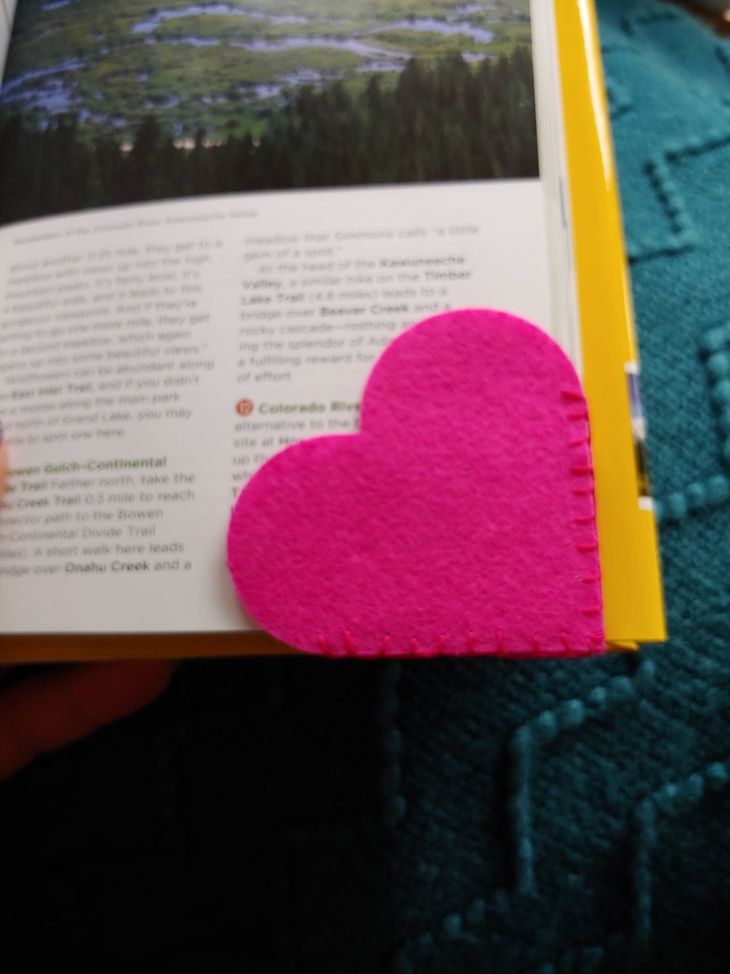 Magenta heart-shaped felt corner bookmark with stitched details. A charming and functional gift for book lovers, students, and journal enthusiasts. Shown on a book corner.