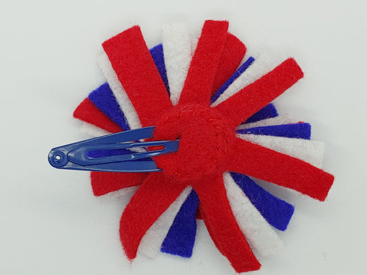 Handcrafted Patriotic Firework Felt Hair Clip in red, white & blue on a secure metal snap clip - reverse side. A fun 4th of July & USA pride accessory.