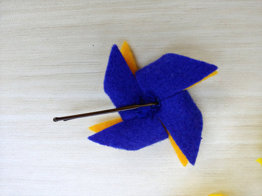 Blue and Yellow Pinwheel Felt Hair Clip on Bobby Pin - Cute and Colorful Accessory