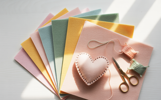 fanned out pastel colored sheets of felt with heart, thread and scissors