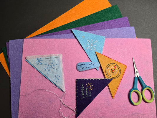 colorful stack of felt with corner bookmarks, stitches, scissors