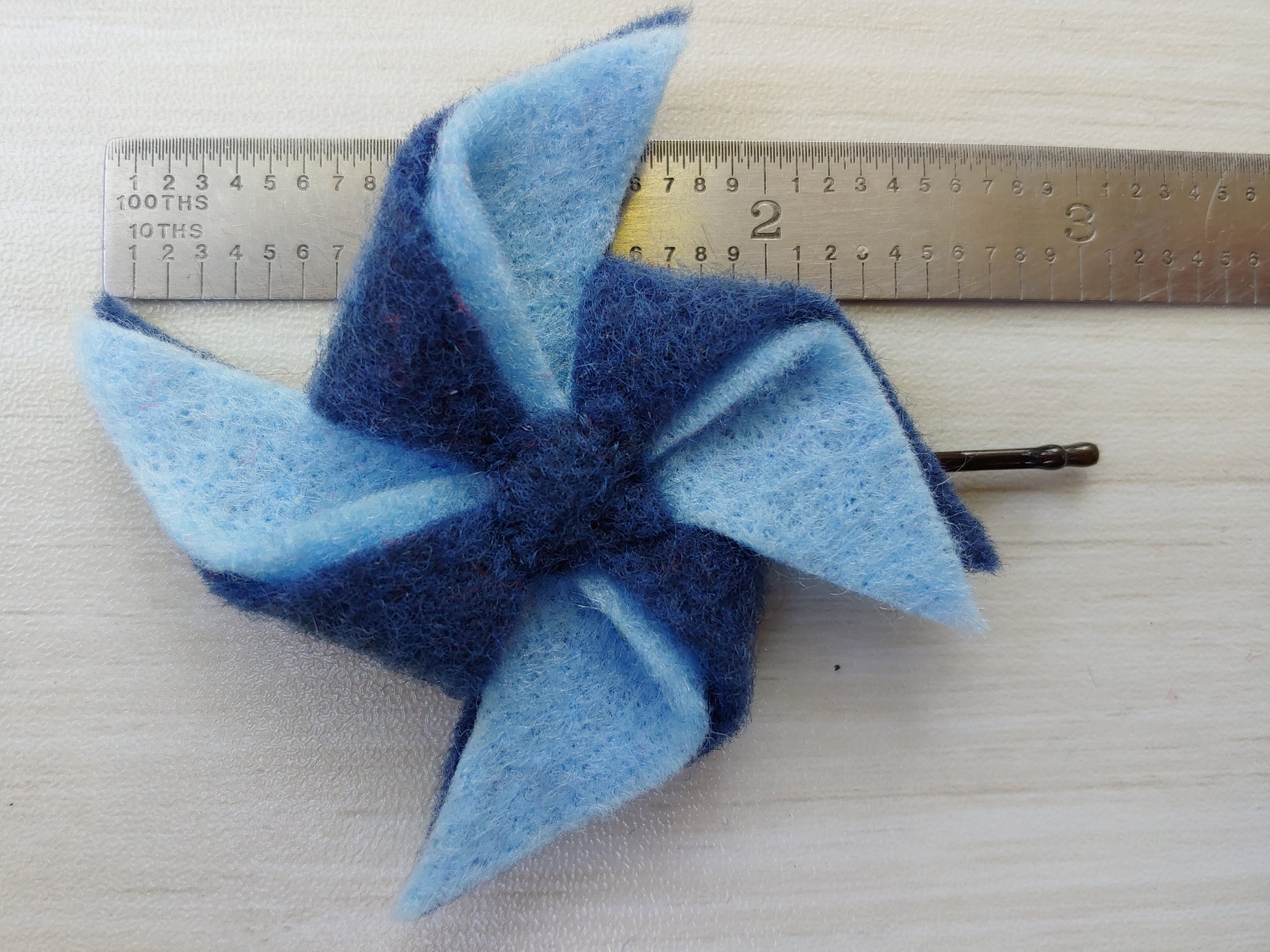 Shades of Blue Pinwheel Felt Hair Clip on Bobby Pin - Cute and Colorful Accessory